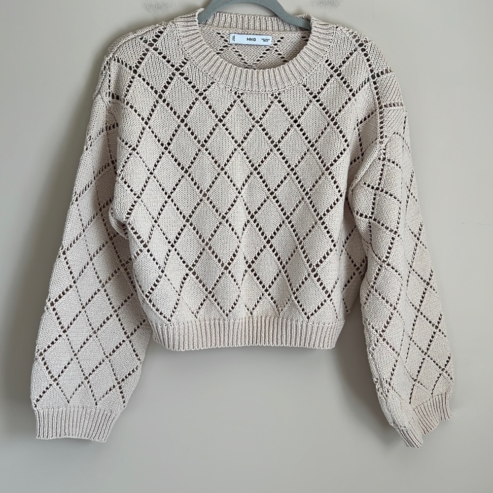 MANGO Balloon Sleeve Open Knit Cropped Sweater Shimmer Size Medium